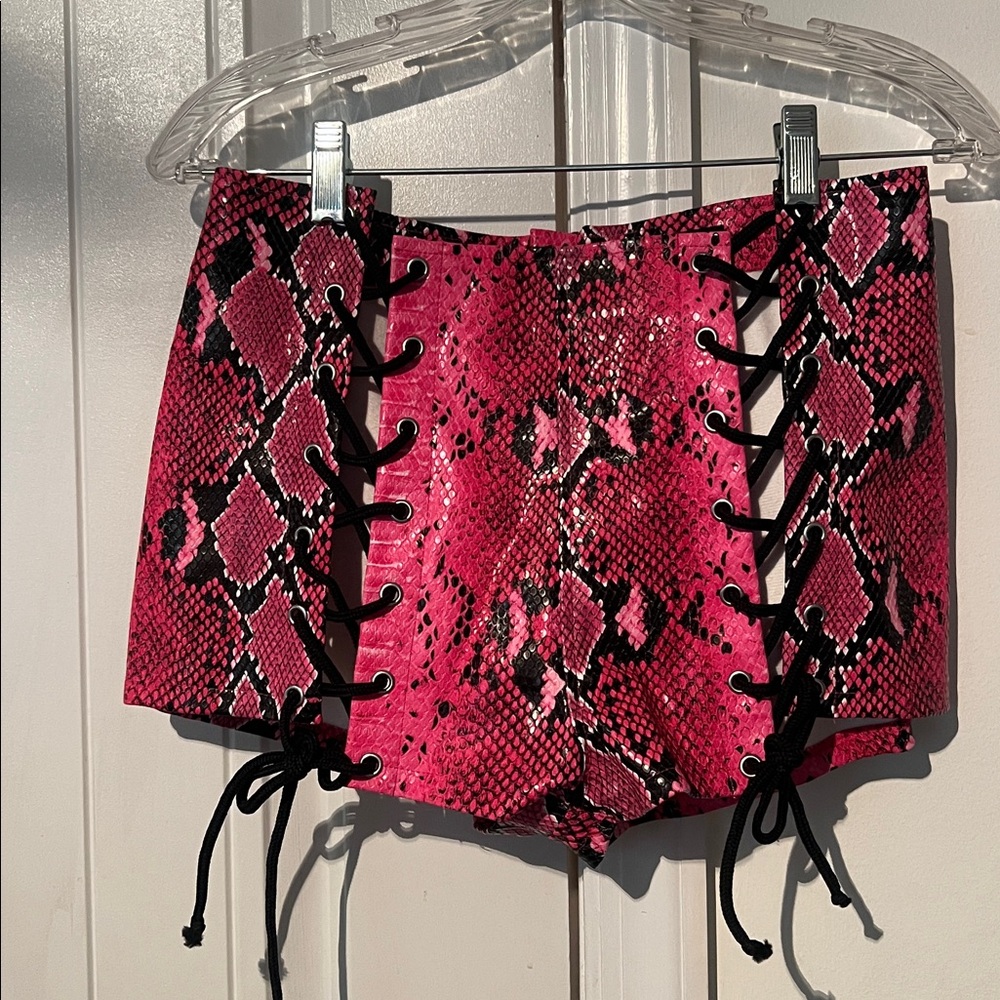 Dolls Kill Club Exx Hot Pink Black Rude Awakening Lace Up Snakeskin Shorts S